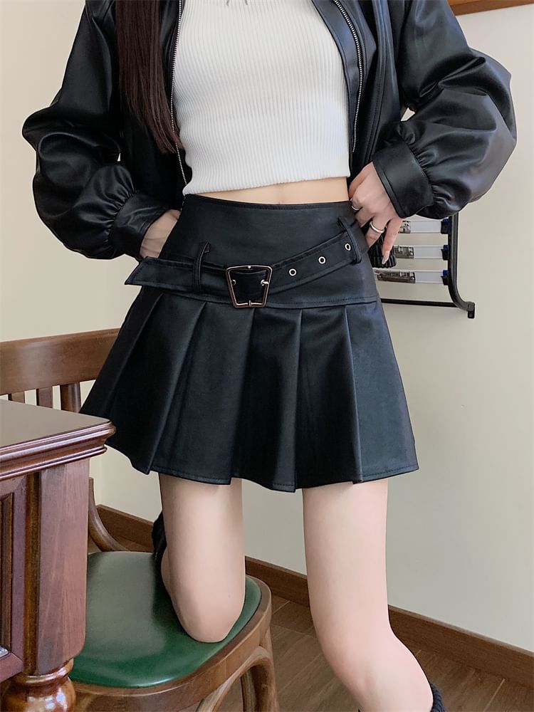 High Rise Faux Leather Pleated Mini Skirt