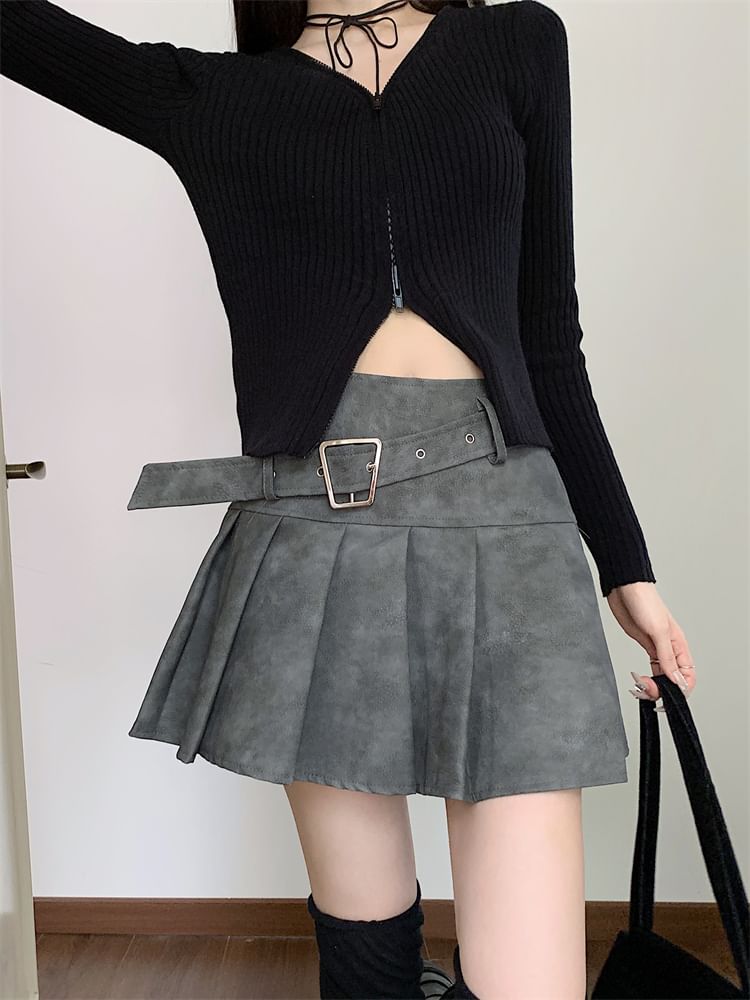 High Rise Faux Leather Pleated Mini Skirt