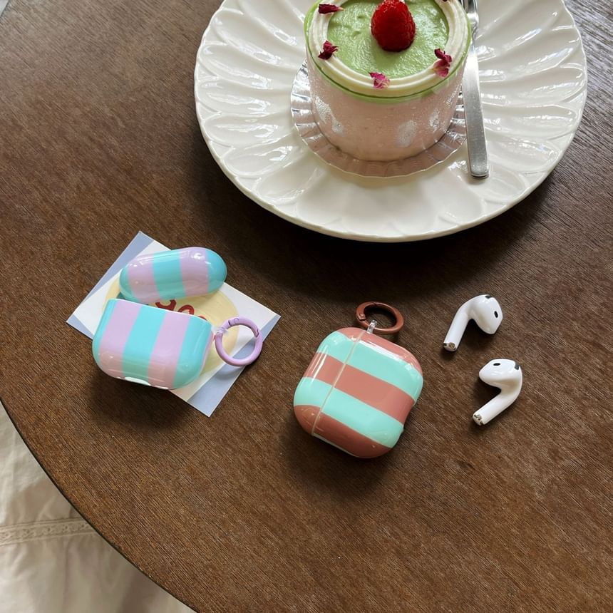 Set: Striped AirPods Earphone Case Skin + Ring Hoop