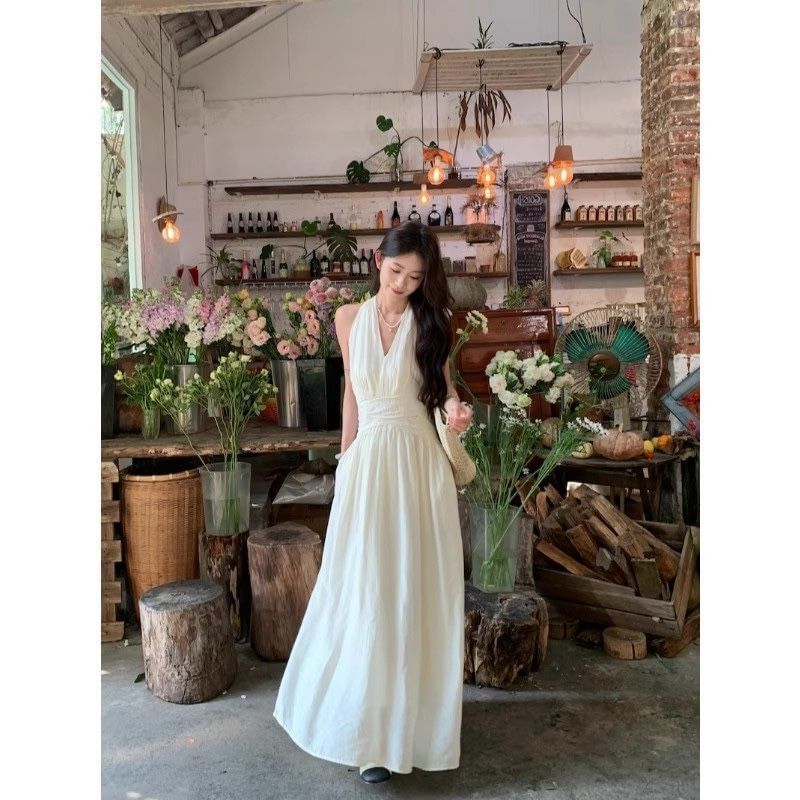 Sleeveless Halter Plain Maxi A-Line Dress