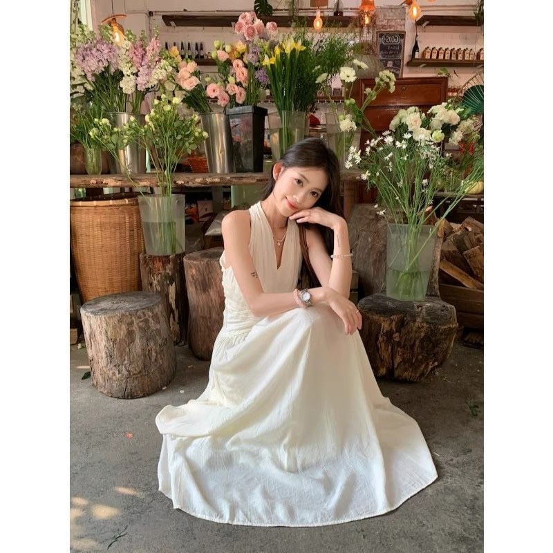 Sleeveless Halter Plain Maxi A-Line Dress