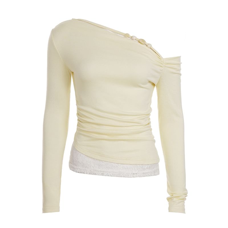 Beaded Lace-Paneled Off-Shoulder Slim Long-Sleeved Top