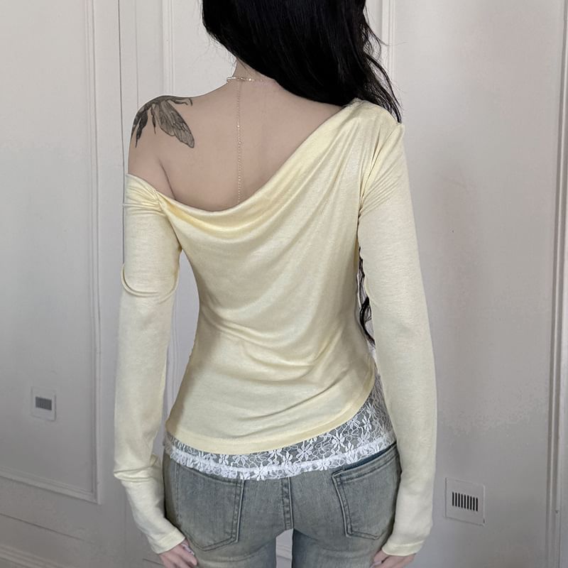 Beaded Lace-Paneled Off-Shoulder Slim Long-Sleeved Top