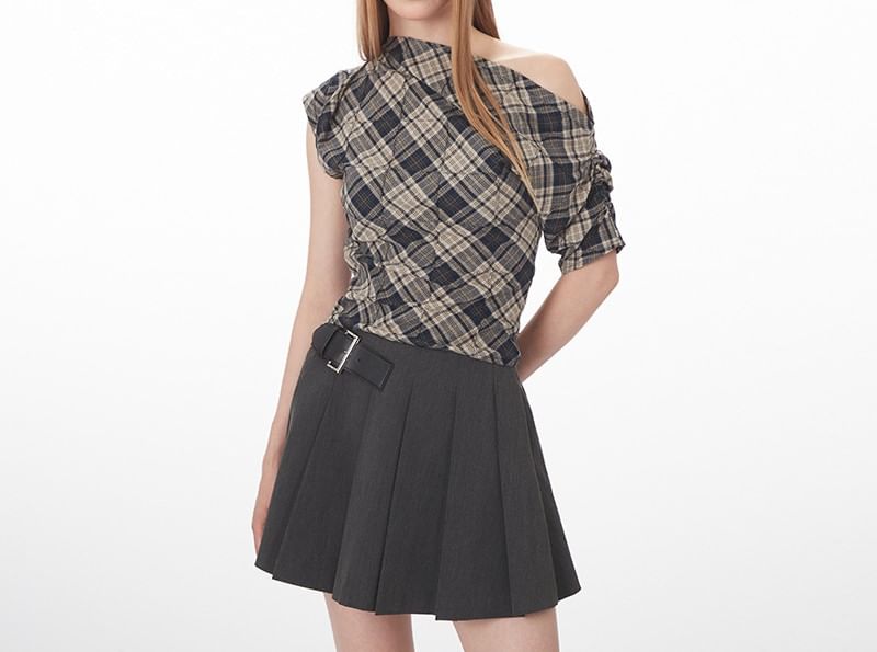 Plaid Off-Shoulder Ruched Tee, Short-Sleeved