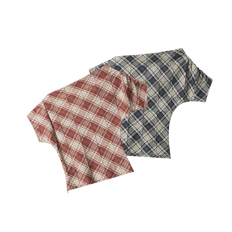Plaid Off-Shoulder Ruched Tee, Short-Sleeved