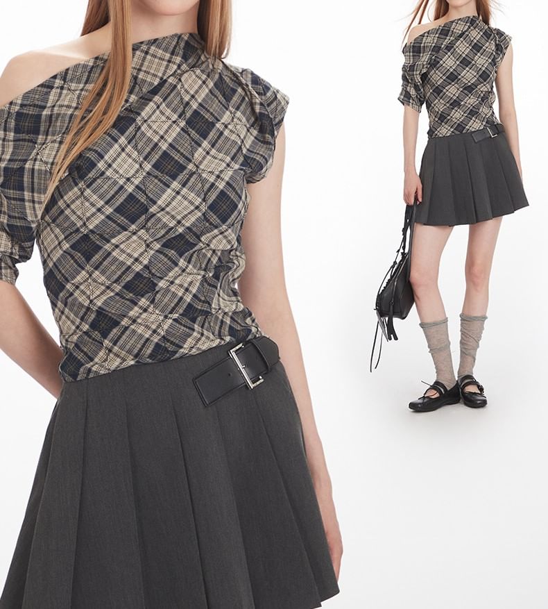 Plaid Off-Shoulder Ruched Tee, Short-Sleeved