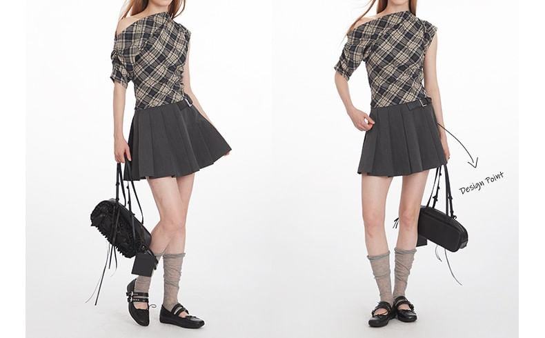 Plaid Off-Shoulder Ruched Tee, Short-Sleeved