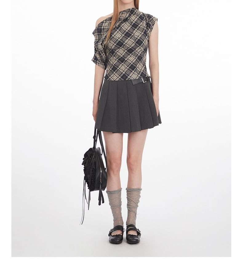 Plaid Off-Shoulder Ruched Tee, Short-Sleeved
