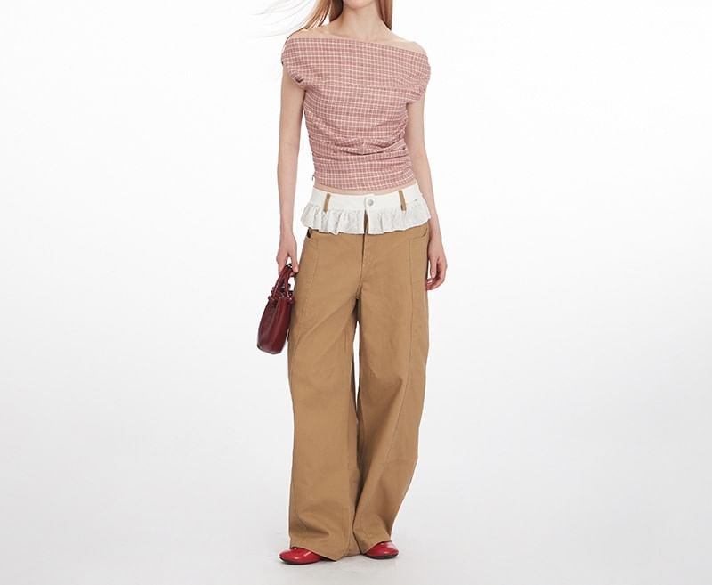 Plaid Off-Shoulder Ruched Top, Short-Sleeved
