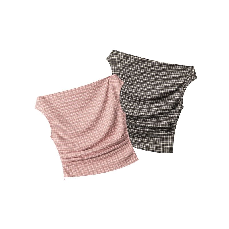 Plaid Off-Shoulder Ruched Top, Short-Sleeved