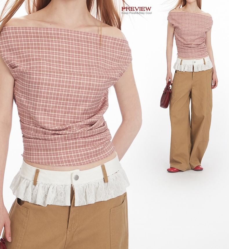 Plaid Off-Shoulder Ruched Top, Short-Sleeved