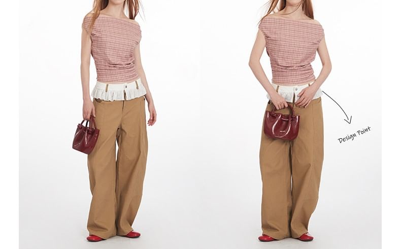 Plaid Off-Shoulder Ruched Top, Short-Sleeved