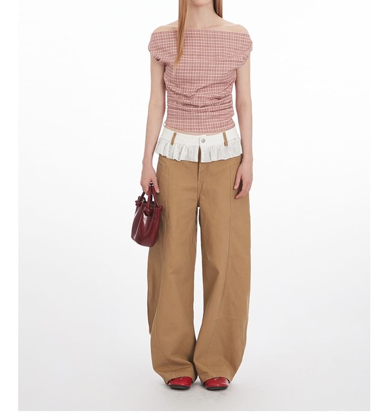 Plaid Off-Shoulder Ruched Top, Short-Sleeved