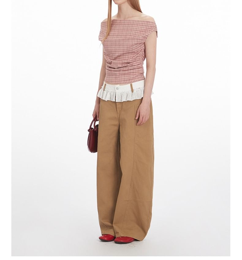 Plaid Off-Shoulder Ruched Top, Short-Sleeved