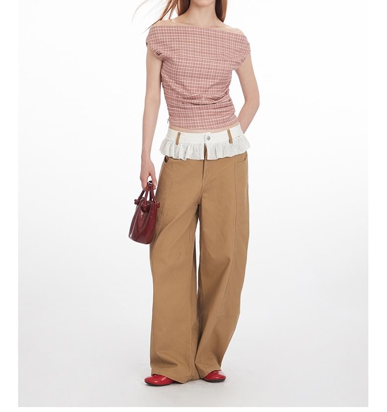 Plaid Off-Shoulder Ruched Top, Short-Sleeved