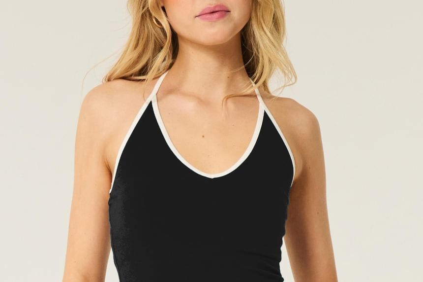 Contrast-Trimmed Halter V-Neck Fitted Cami Top