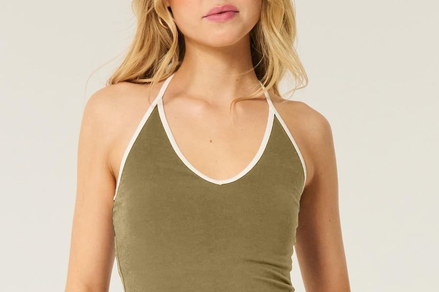 Contrast-Trimmed Halter V-Neck Fitted Cami Top