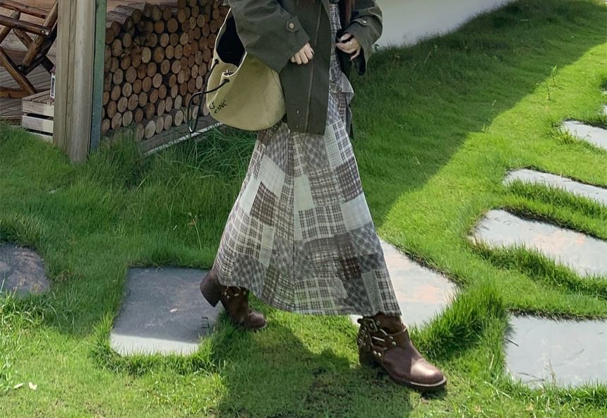 Sleeveless V-Neck Plaid Maxi A-Line Dress / Hooded Utility Jacket