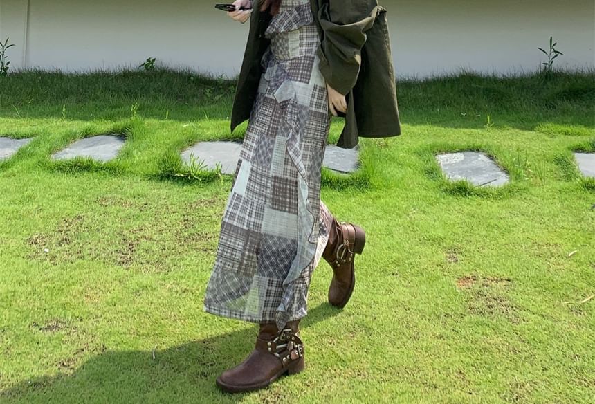 Sleeveless V-Neck Plaid Maxi A-Line Dress / Hooded Utility Jacket