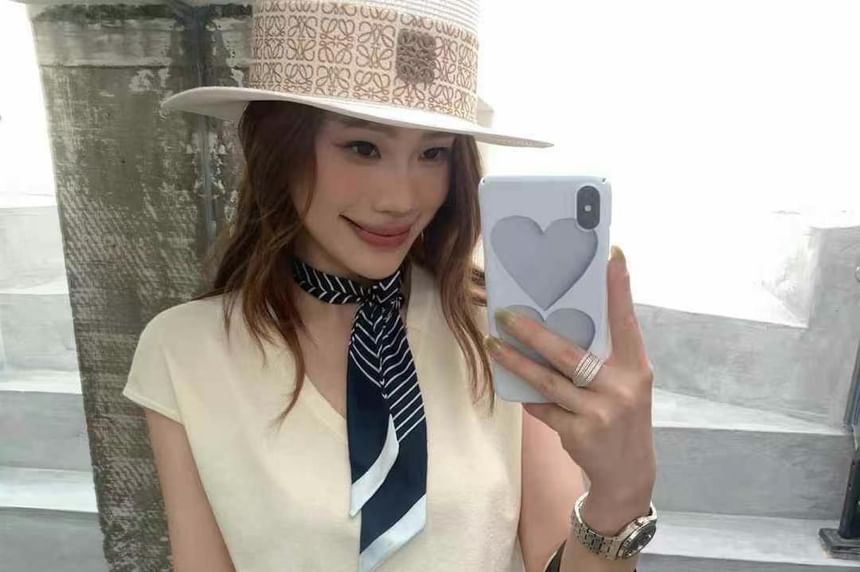 Plain Knit V-Neck Cap-Sleeved Tank with Striped Necktie