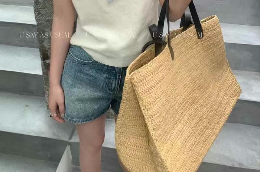 Plain Knit V-Neck Cap-Sleeved Tank with Striped Necktie
