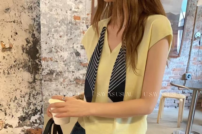 Plain Knit V-Neck Cap-Sleeved Tank with Striped Necktie