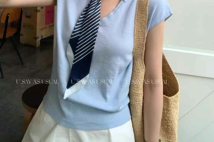 Plain Knit V-Neck Cap-Sleeved Tank with Striped Necktie
