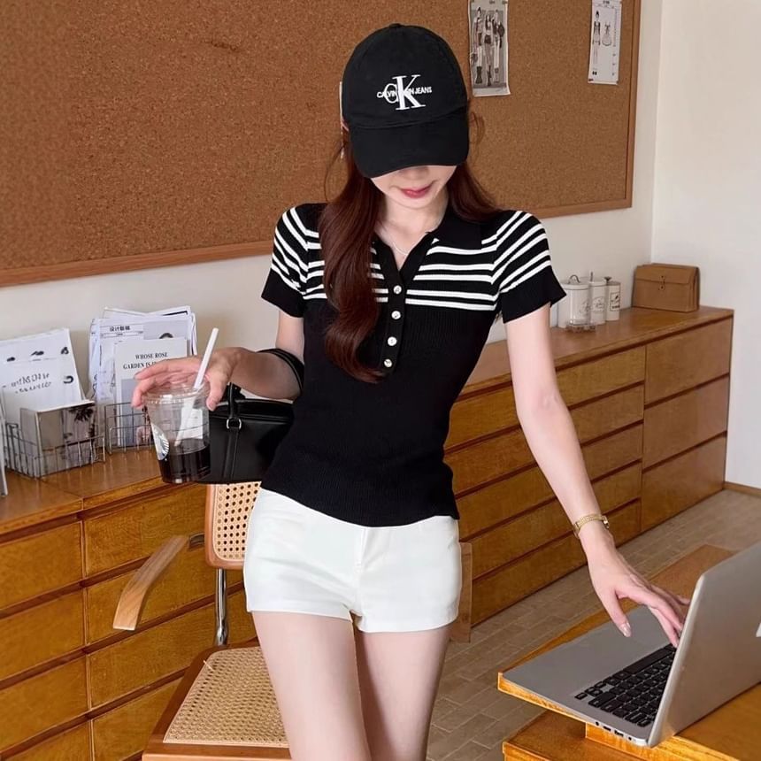 Striped Knit Polo Shirt with Short Sleeves