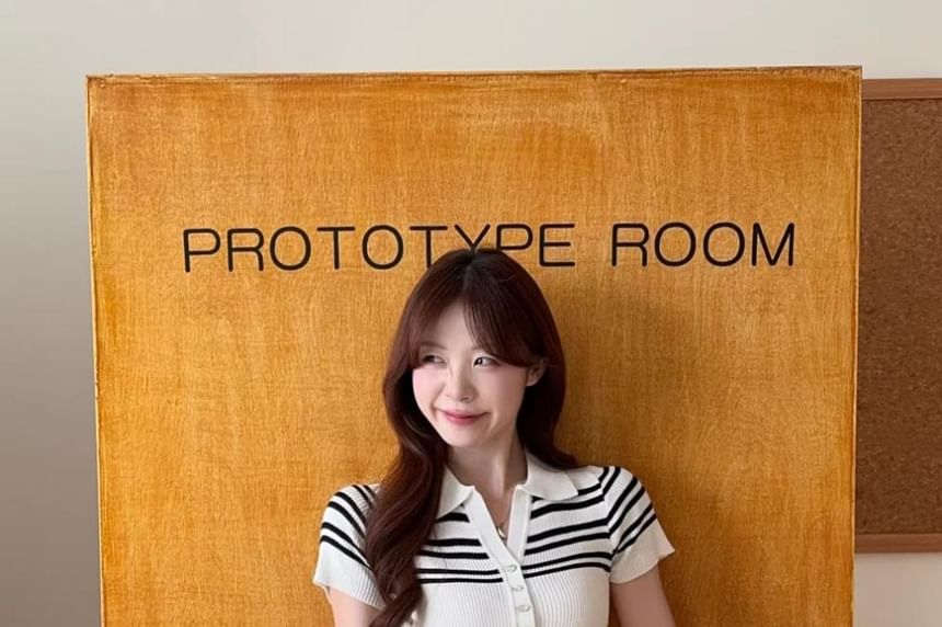 Striped Knit Polo Shirt with Short Sleeves