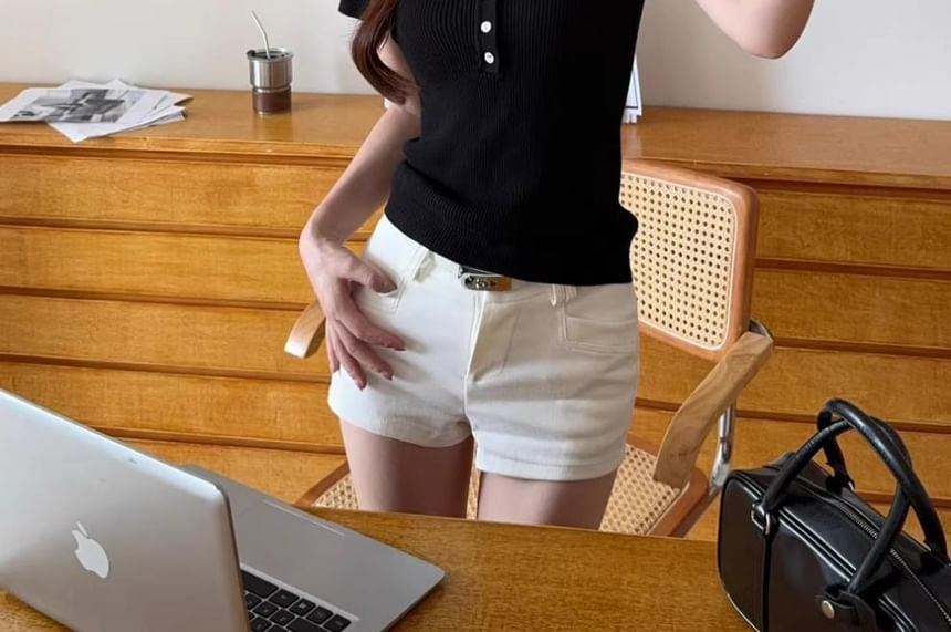 Striped Knit Polo Shirt with Short Sleeves