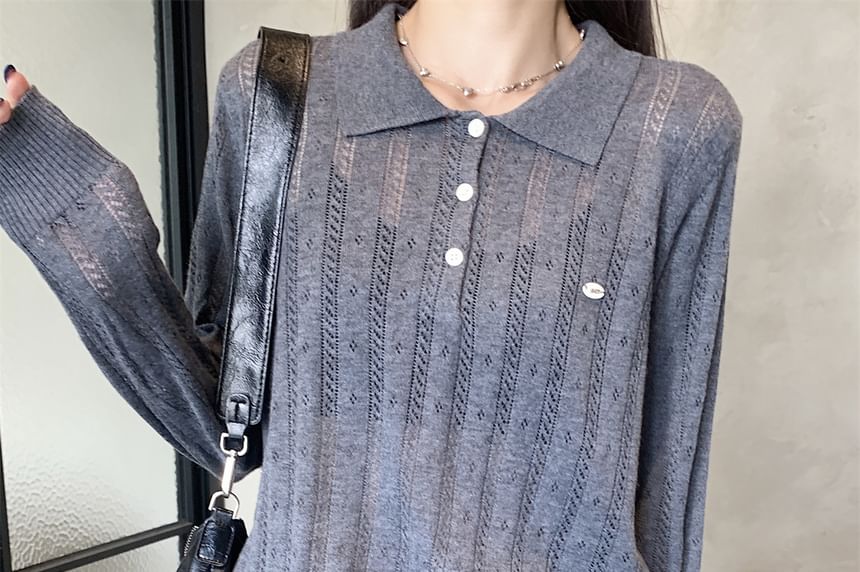 Plain Pointelle Knit Long-Sleeved Polo Top