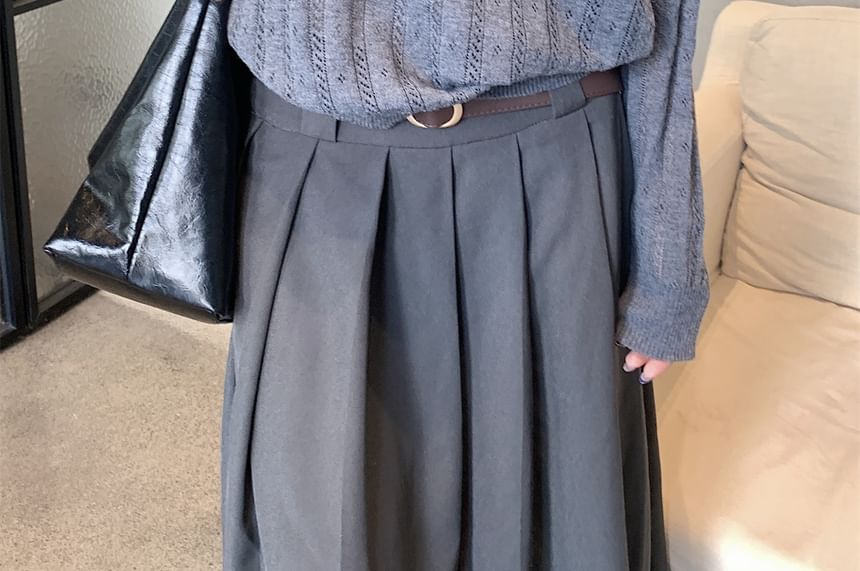Plain Pointelle Knit Long-Sleeved Polo Top