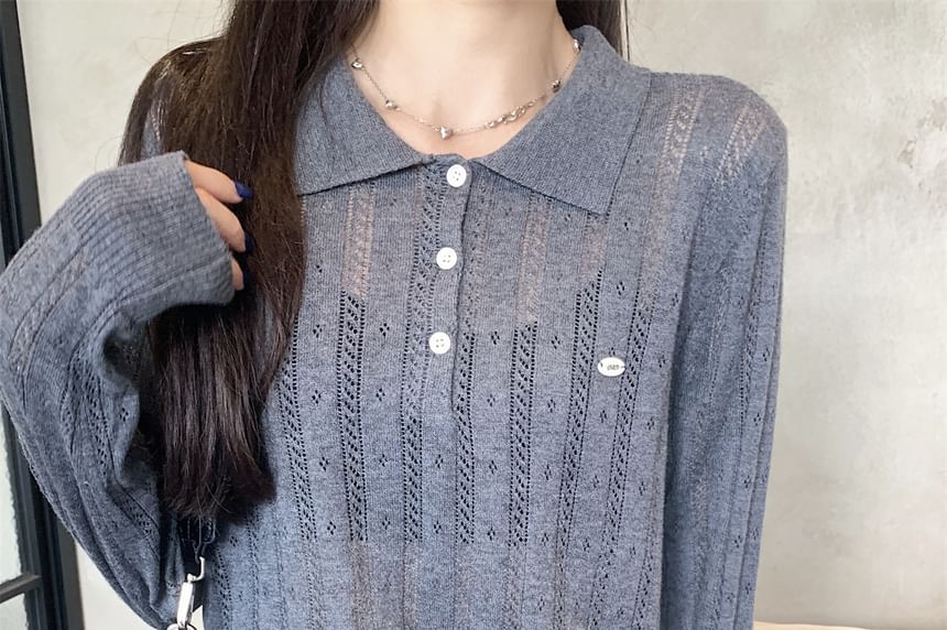 Plain Pointelle Knit Long-Sleeved Polo Top