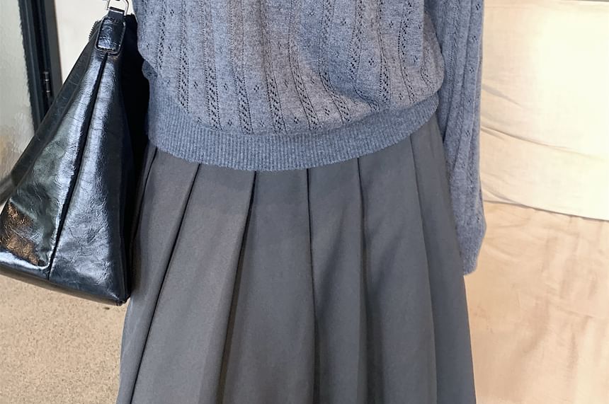 Plain Pointelle Knit Long-Sleeved Polo Top