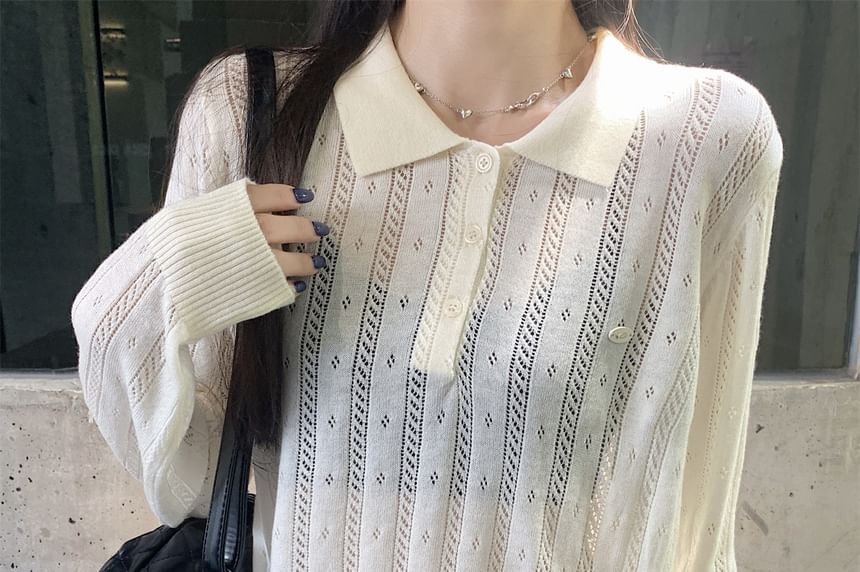 Plain Pointelle Knit Long-Sleeved Polo Top