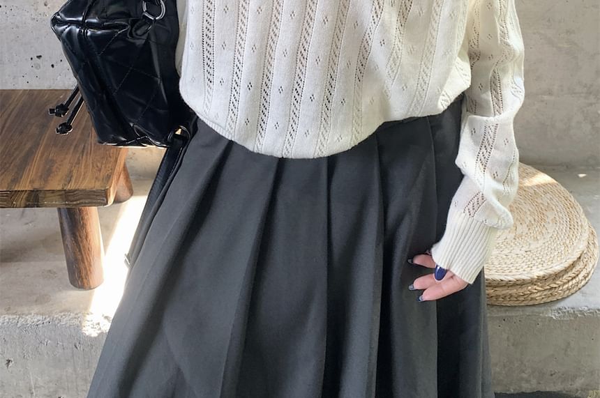 Plain Pointelle Knit Long-Sleeved Polo Top