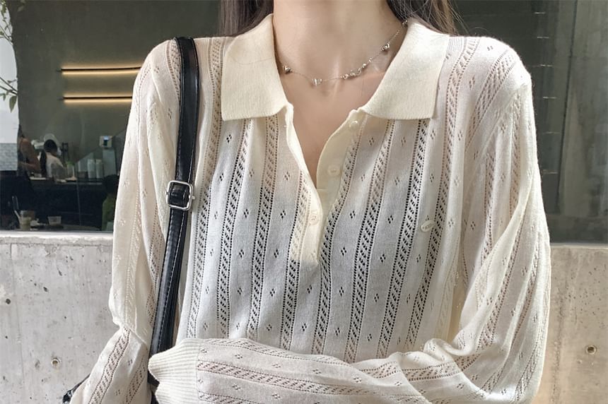 Plain Pointelle Knit Long-Sleeved Polo Top