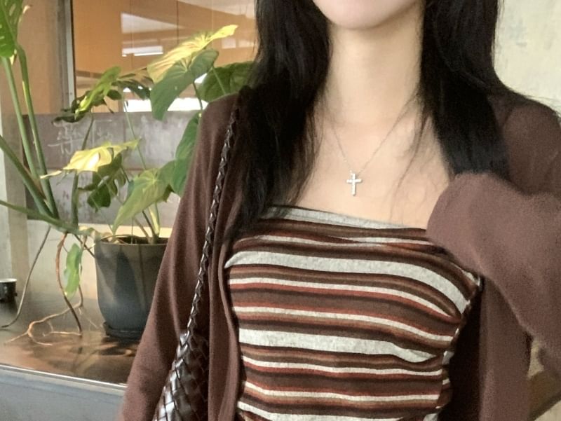 Striped Tie-Up Tube Top and Plain Cardigan Set
