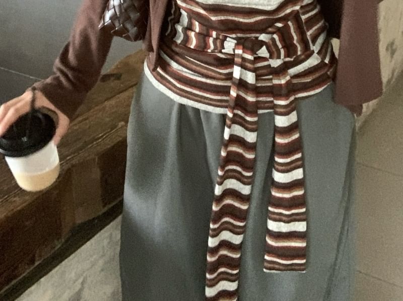 Striped Tie-Up Tube Top and Plain Cardigan Set