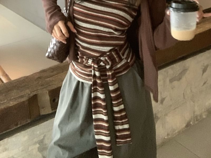 Striped Tie-Up Tube Top and Plain Cardigan Set