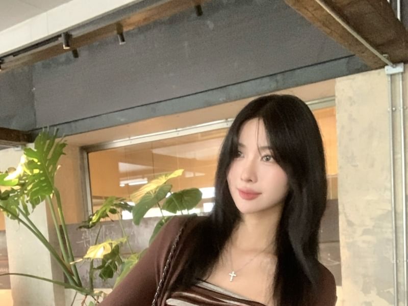 Striped Tie-Up Tube Top and Plain Cardigan Set
