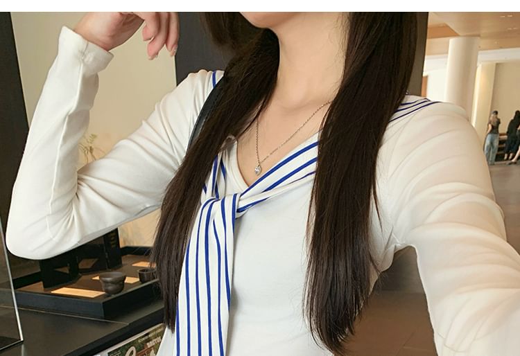 Striped Tie-Neck Long-Sleeved Tie-Up Paneled Top