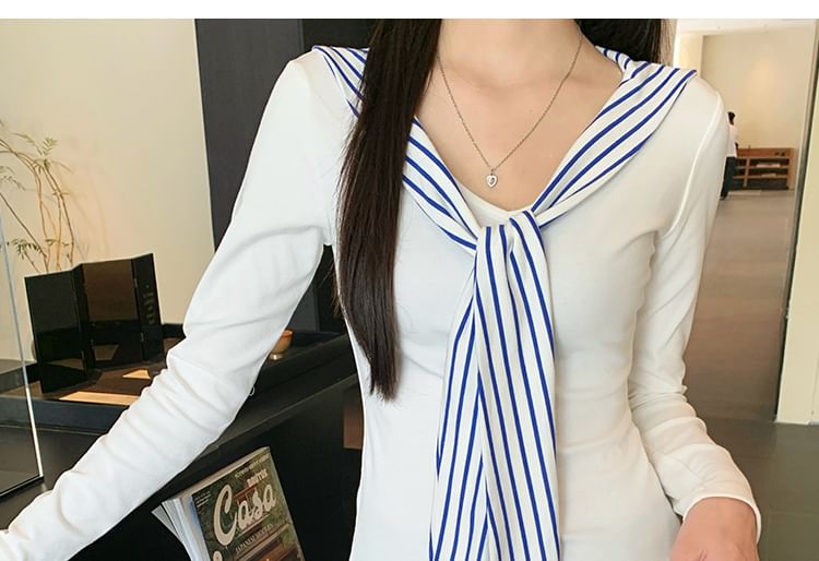 Striped Tie-Neck Long-Sleeved Tie-Up Paneled Top