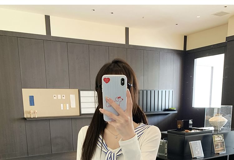 Striped Tie-Neck Long-Sleeved Tie-Up Paneled Top