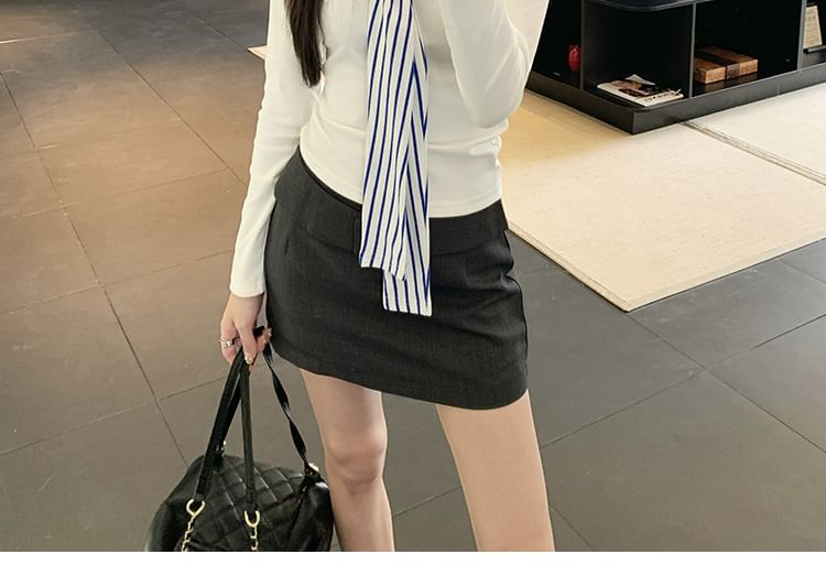 Striped Tie-Neck Long-Sleeved Tie-Up Paneled Top