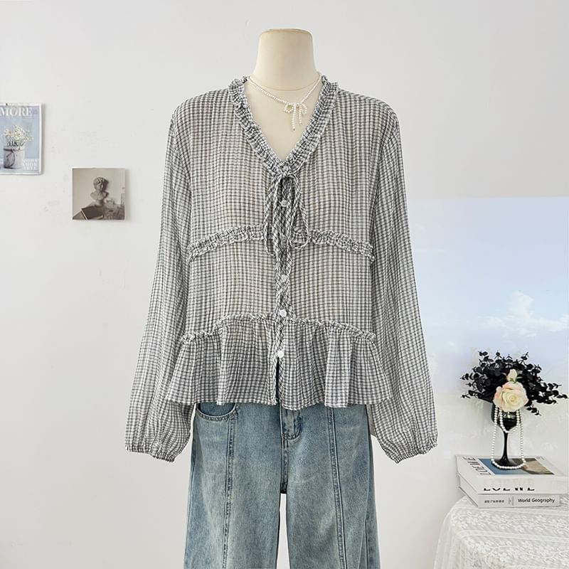 Plaid Ruffled-Trim Loose-Fit V-Neck Blouse, Long-Sleeved
