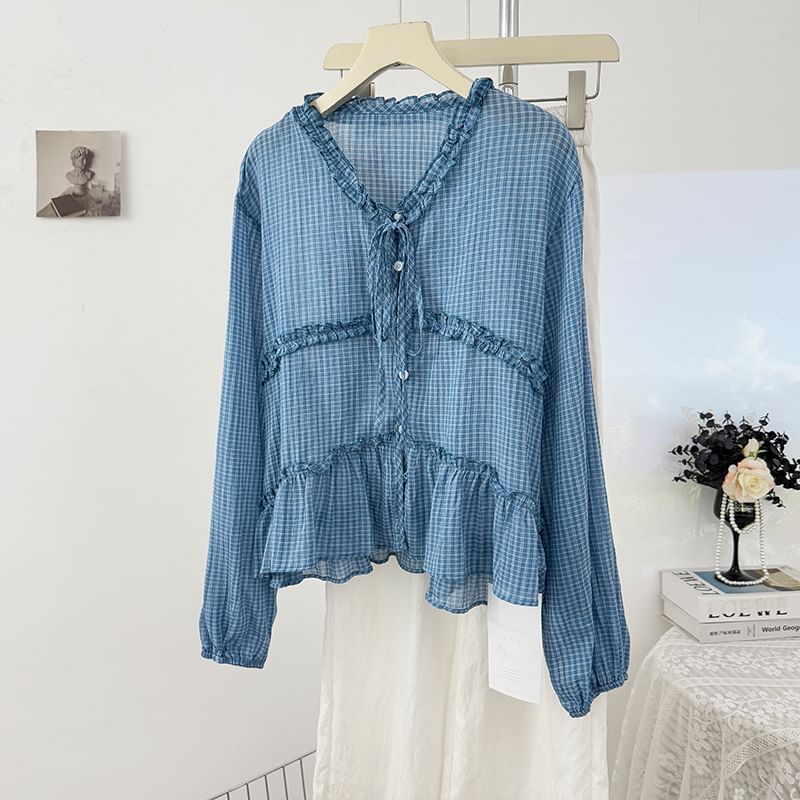 Plaid Ruffled-Trim Loose-Fit V-Neck Blouse, Long-Sleeved