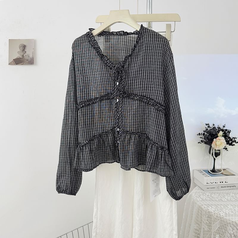 Plaid Ruffled-Trim Loose-Fit V-Neck Blouse, Long-Sleeved