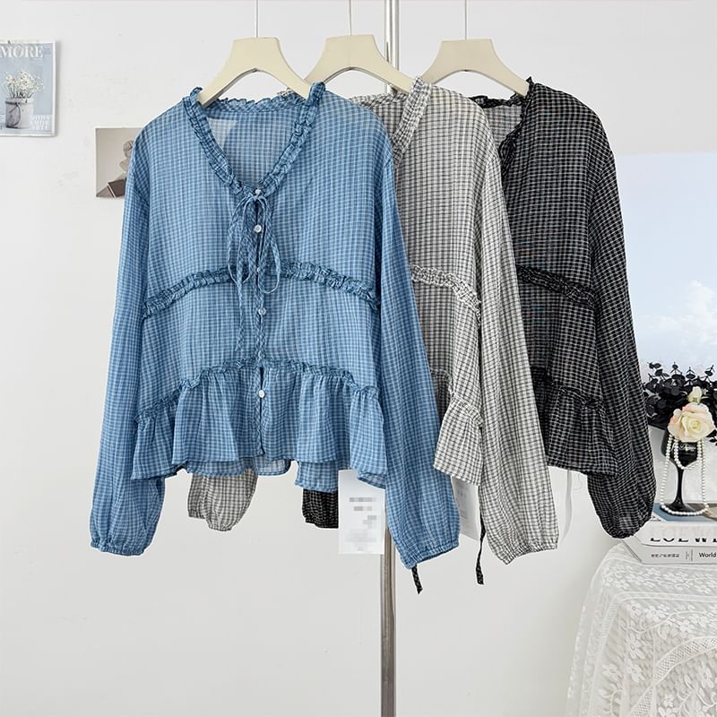 Plaid Ruffled-Trim Loose-Fit V-Neck Blouse, Long-Sleeved