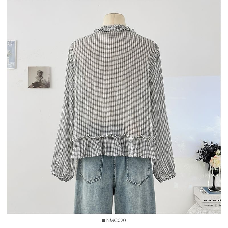 Plaid Ruffled-Trim Loose-Fit V-Neck Blouse, Long-Sleeved